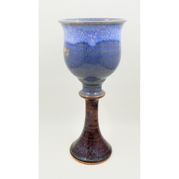 Stoneware Goblet Chalice Art Pottery Cobalt Blue Drip Glaze 8" - Picture 3 of 9